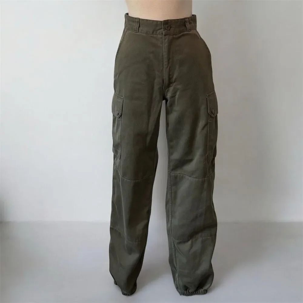 Military Utility Cargo Carpenter High Straight Leg Cuffed Pants Olive 25” 26”
